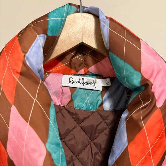 Rachel Antonoff Pink Brown & Orange Argyle Belted Puffer Jacket S - Picture 7 of 14